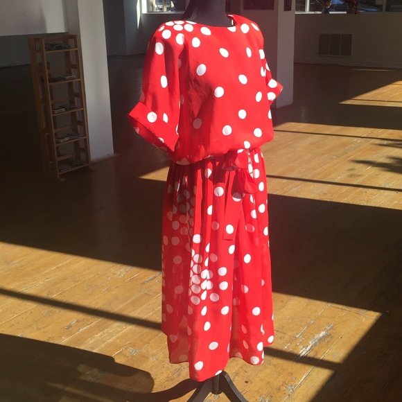 Red and white polka dot retro inspired sheer dress - Picture 2 of 8